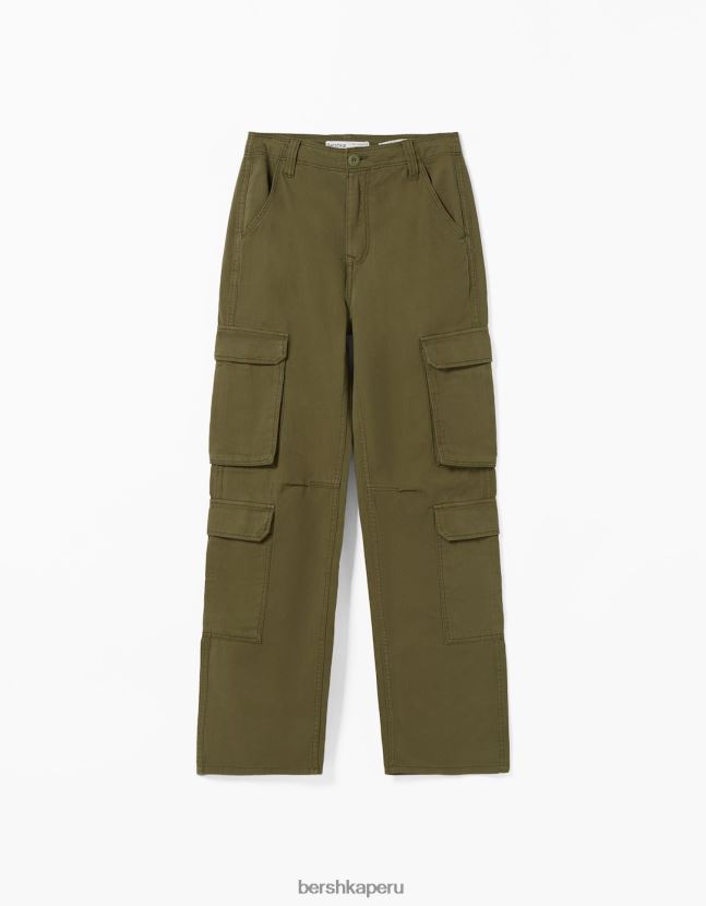 caqui Bershka unisexo pantalones cargo de sarga ajustables con múltiples bolsillos 806J6B3878