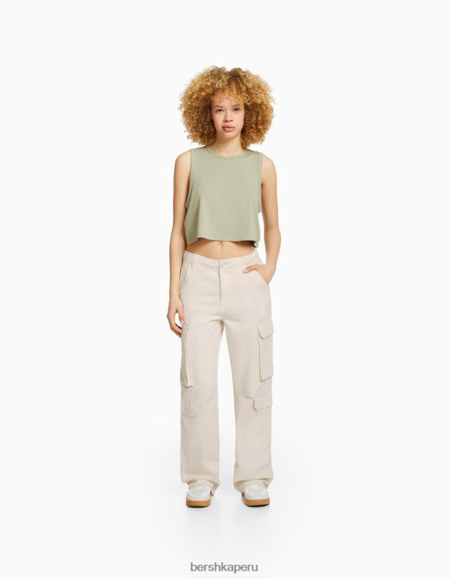 crema Bershka unisexo pantalones cargo de sarga ajustables con múltiples bolsillos 806J6B3872