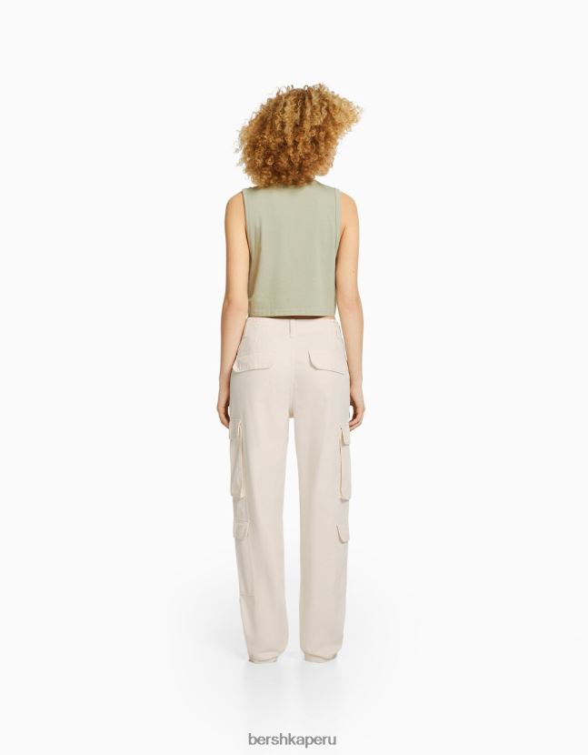 crema Bershka unisexo pantalones cargo de sarga ajustables con múltiples bolsillos 806J6B3872