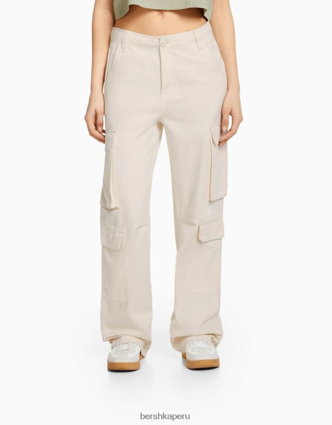 crema Bershka unisexo pantalones cargo de sarga ajustables con múltiples bolsillos 806J6B3872