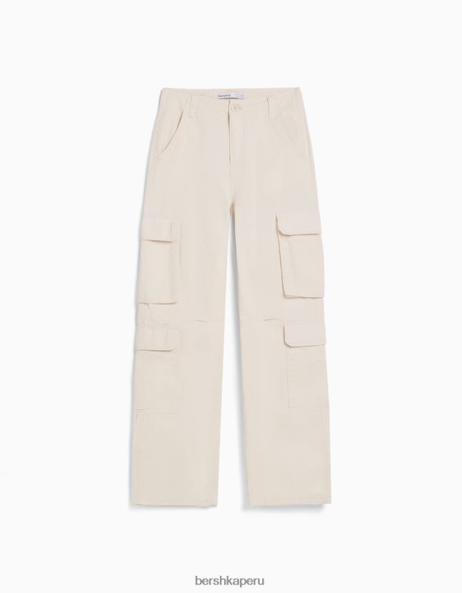 crema Bershka unisexo pantalones cargo de sarga ajustables con múltiples bolsillos 806J6B3872