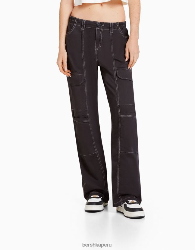 gris oscuro Bershka unisexo pantalones cargo de algodón de tiro bajo con hilo en contraste 806J6B3903