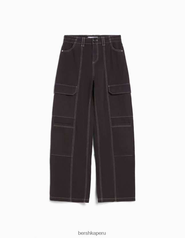 gris oscuro Bershka unisexo pantalones cargo de algodón de tiro bajo con hilo en contraste 806J6B3903