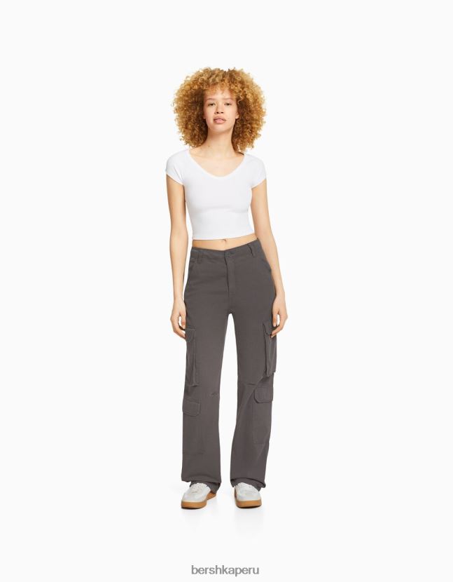 gris oscuro Bershka unisexo pantalones cargo de sarga ajustables con múltiples bolsillos 806J6B3874