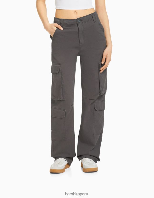 gris oscuro Bershka unisexo pantalones cargo de sarga ajustables con múltiples bolsillos 806J6B3874