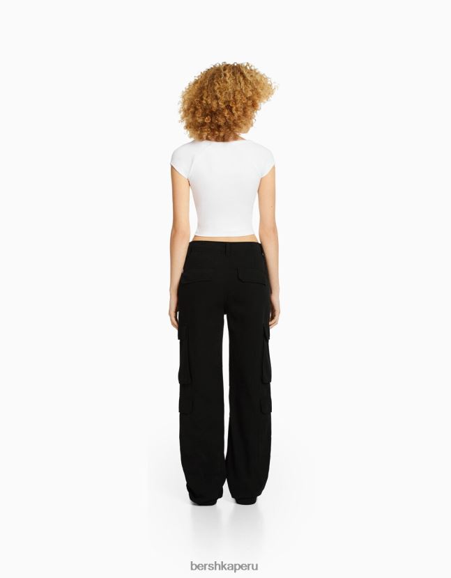 negro Bershka unisexo pantalones cargo de sarga ajustables con múltiples bolsillos 806J6B3876
