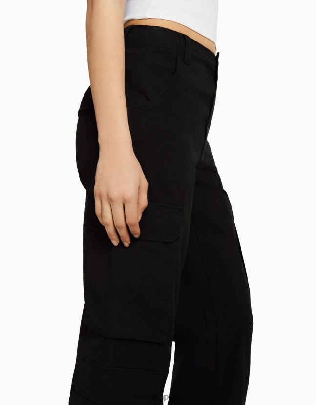 negro Bershka unisexo pantalones cargo de sarga ajustables con múltiples bolsillos 806J6B3876