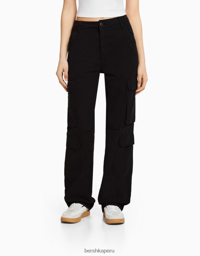 negro Bershka unisexo pantalones cargo de sarga ajustables con múltiples bolsillos 806J6B3876