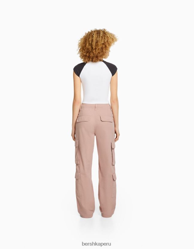 rosa Bershka unisexo pantalones cargo de sarga ajustables con múltiples bolsillos 806J6B3873