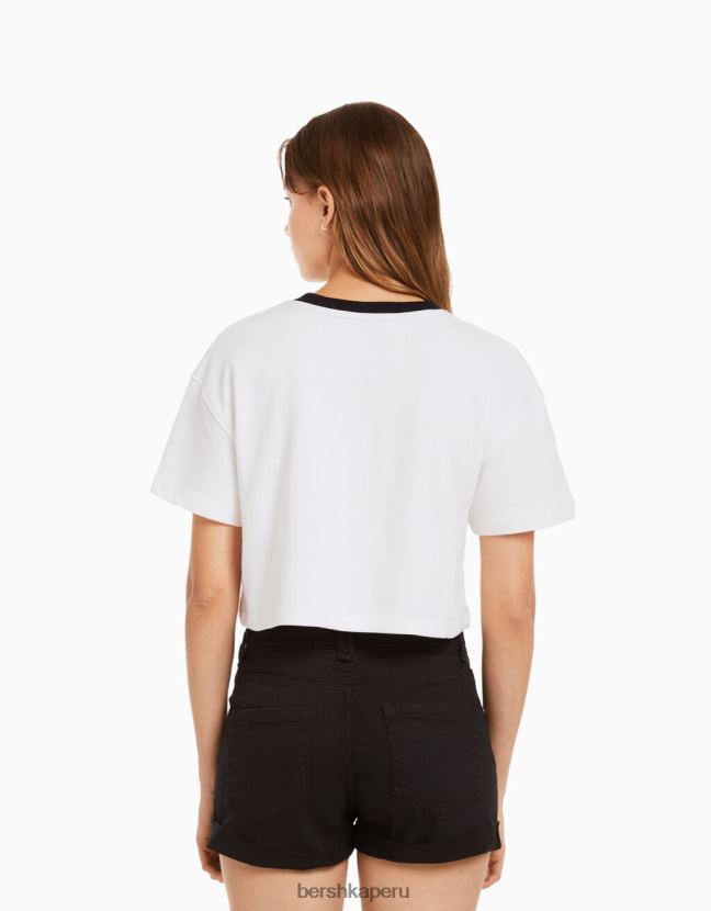 crema Bershka unisexo sudadera corta estampada de manga corta 806J6B4136