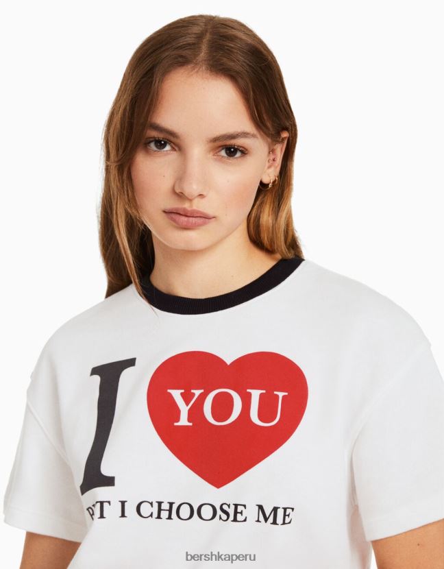 crema Bershka unisexo sudadera corta estampada de manga corta 806J6B4136