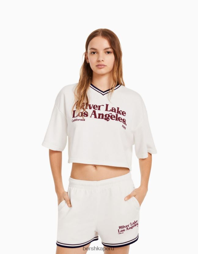 crema Bershka unisexo sudadera de manga corta con cuello de pico y estampado 806J6B4114