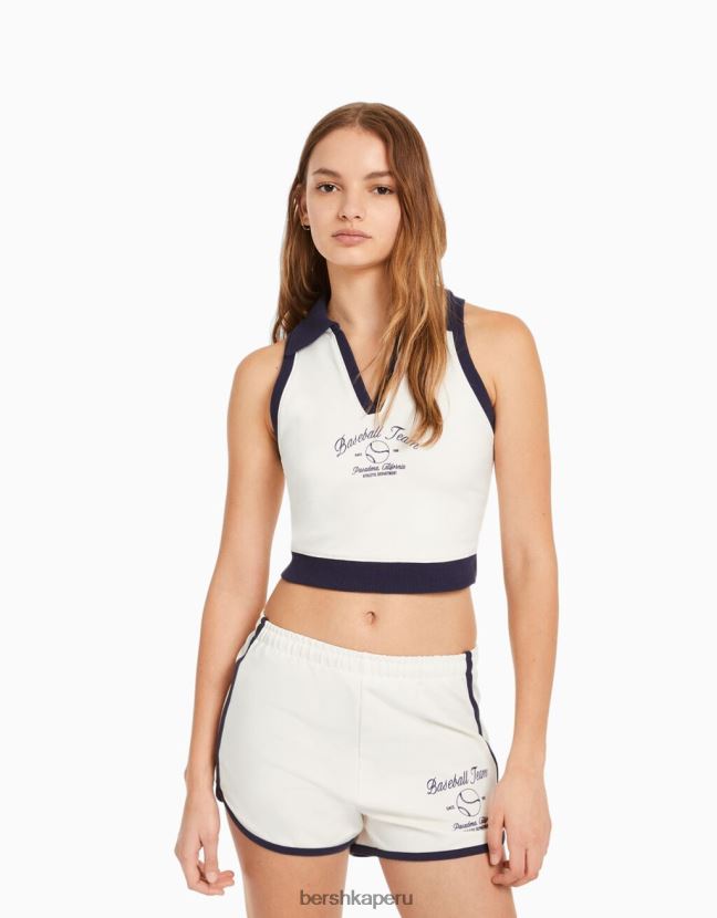 crema Bershka unisexo sudadera sin mangas con estampado y cuello de polo 806J6B4121