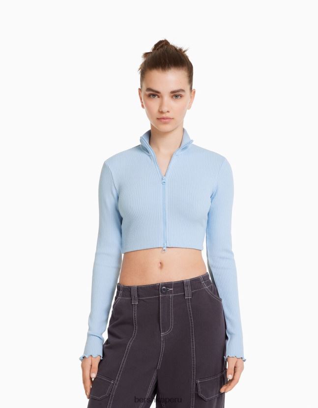 azul claro Bershka unisexo cárdigan corto con cuello alto y cremallera 806J6B4145