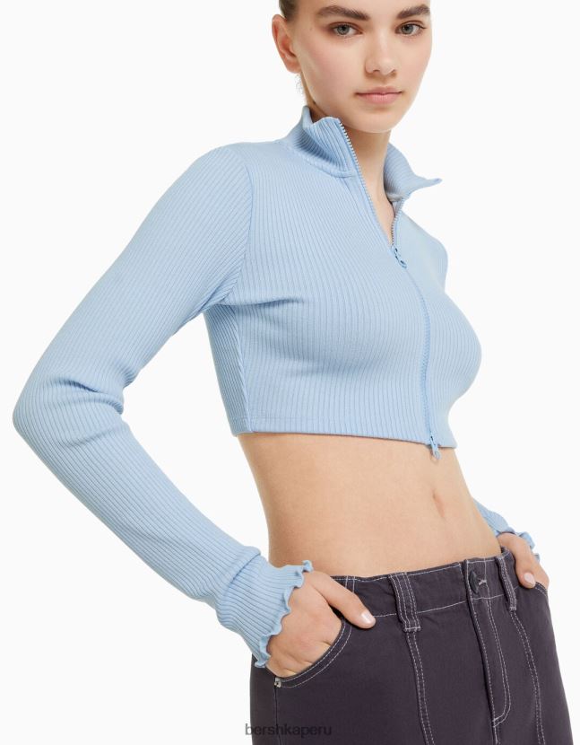 azul claro Bershka unisexo cárdigan corto con cuello alto y cremallera 806J6B4145