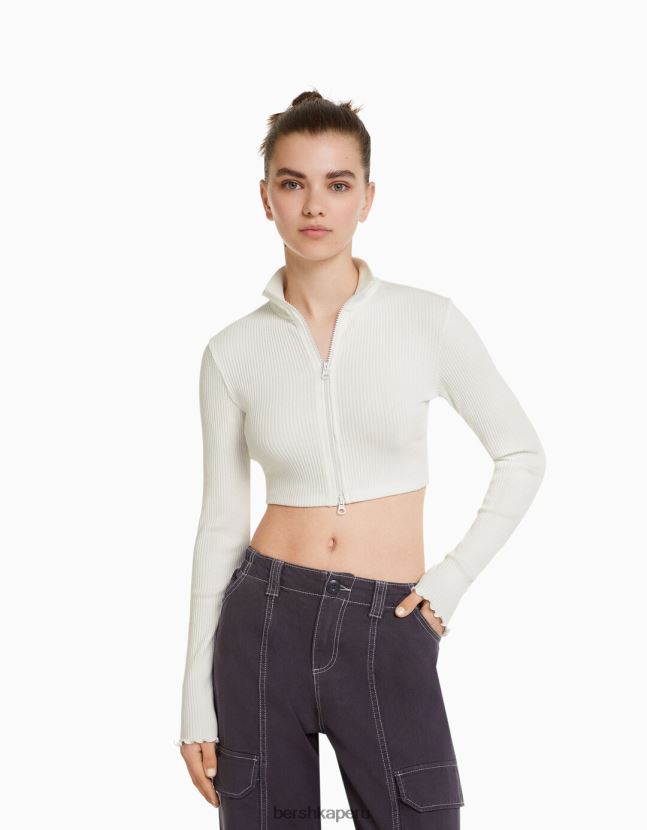 blanquecino Bershka unisexo cárdigan corto con cuello alto y cremallera 806J6B4123