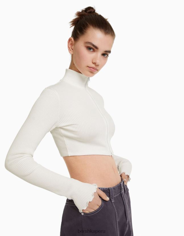 blanquecino Bershka unisexo cárdigan corto con cuello alto y cremallera 806J6B4123