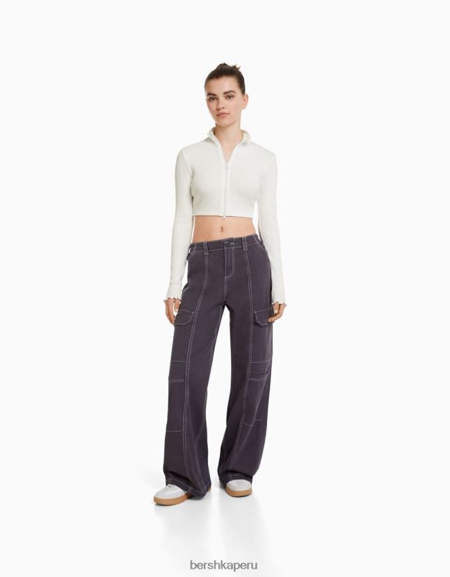 blanquecino Bershka unisexo cárdigan corto con cuello alto y cremallera 806J6B4123