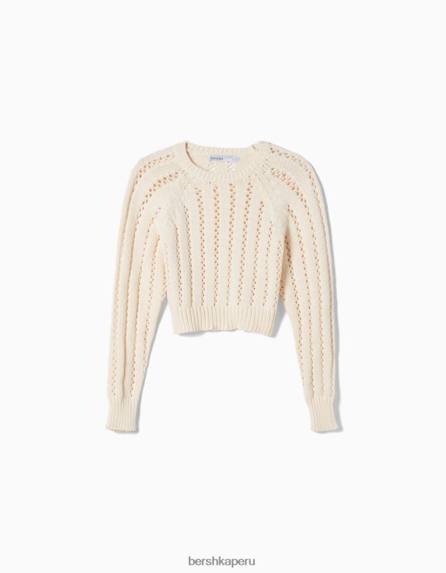 crema Bershka unisexo suéter corto de punto abierto con cuello redondo 806J6B4146