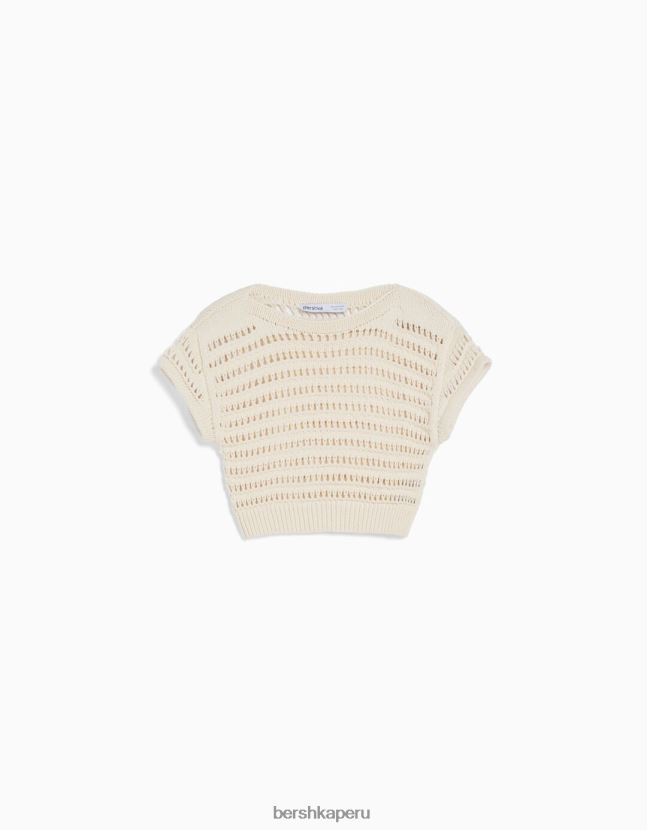 crema Bershka unisexo suéter de punto abierto de manga corta 806J6B3713