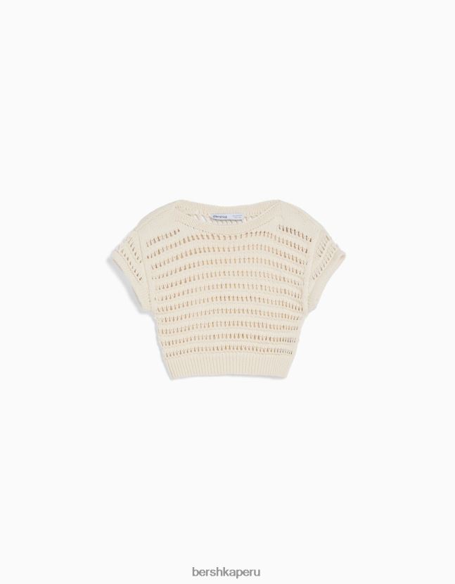 crema Bershka unisexo suéter de punto abierto de manga corta 806J6B3714