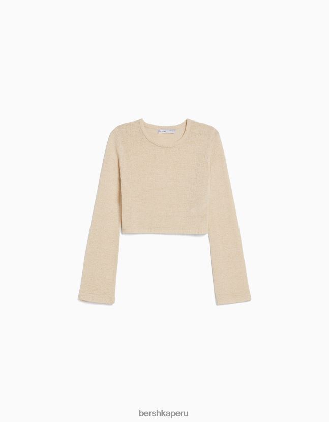 crema Bershka unisexo suéter rústico con cuello redondo 806J6B4147