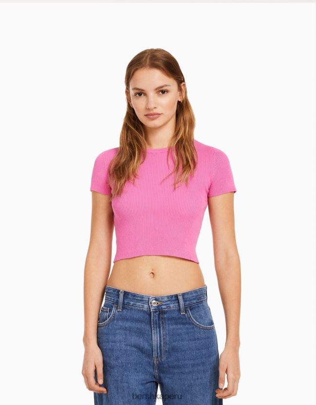 rosa Bershka unisexo jersey de canalé de manga corta 806J6B4120