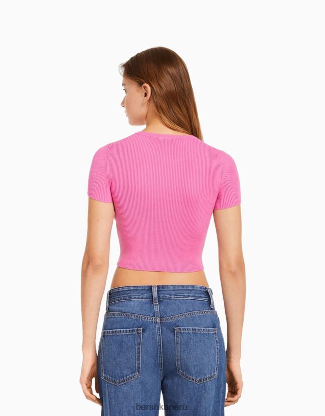 rosa Bershka unisexo jersey de canalé de manga corta 806J6B4120