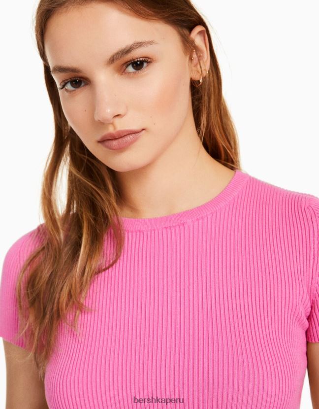 rosa Bershka unisexo jersey de canalé de manga corta 806J6B4120