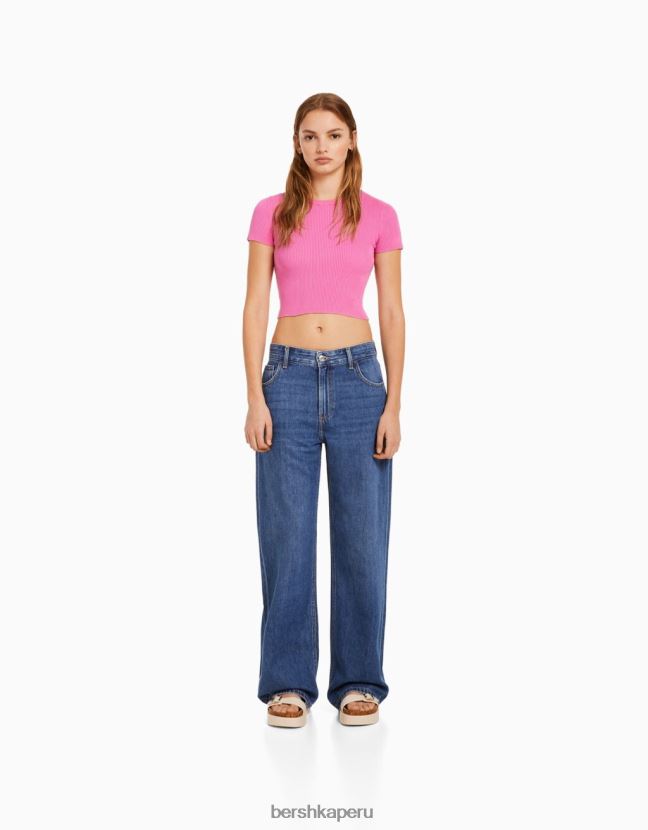 rosa Bershka unisexo jersey de canalé de manga corta 806J6B4120