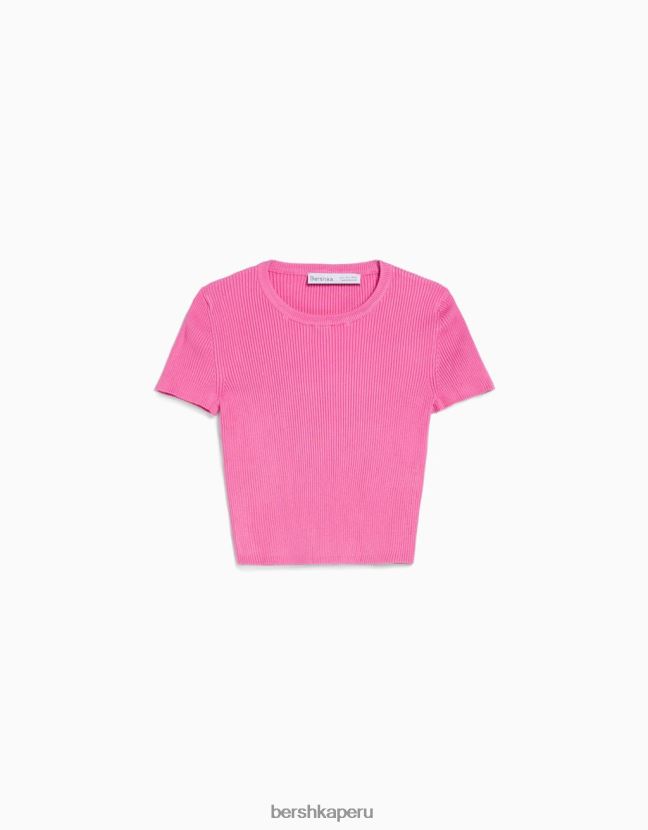 rosa Bershka unisexo jersey de canalé de manga corta 806J6B4120