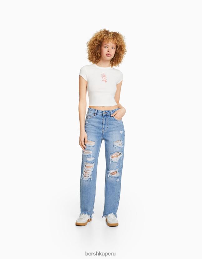 azul claro Bershka unisexo vaqueros mom capri con rotos y pernera recta 806J6B3961