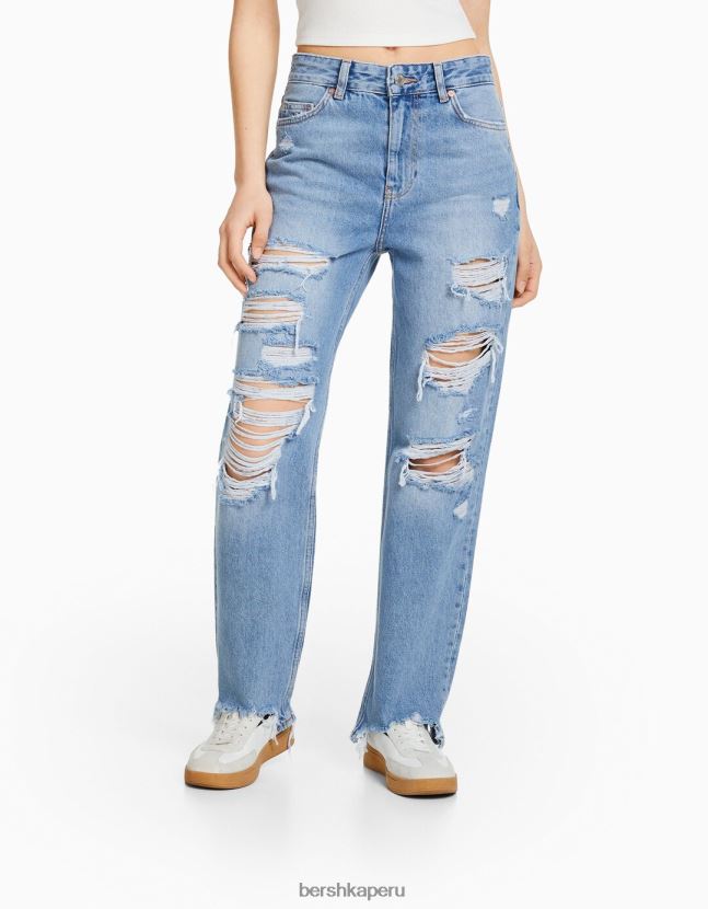 azul claro Bershka unisexo vaqueros mom capri con rotos y pernera recta 806J6B3961