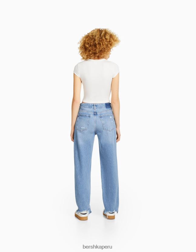 azul claro Bershka unisexo vaqueros mom capri con rotos y pernera recta 806J6B3961