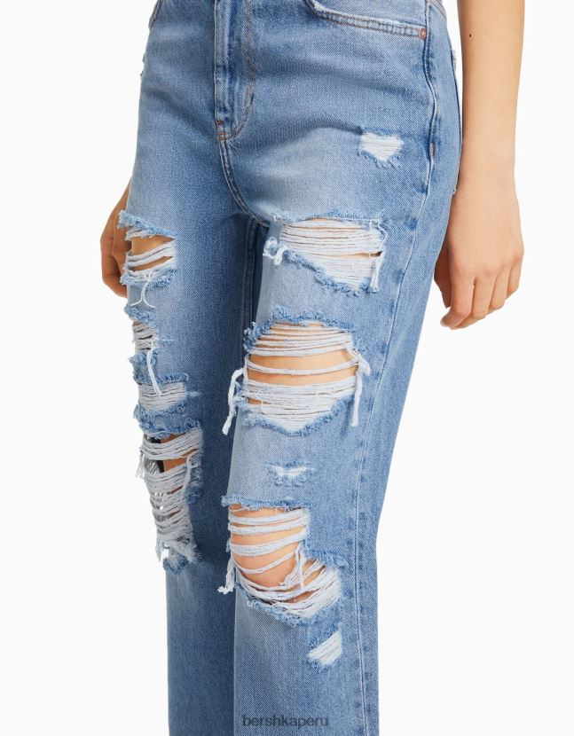 azul claro Bershka unisexo vaqueros mom capri con rotos y pernera recta 806J6B3961