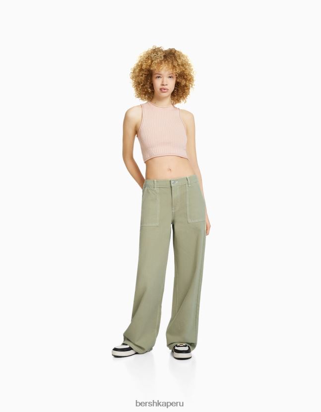 caqui Bershka unisexo Jeans 90s con cinturilla elástica y bolsillo 806J6B3965