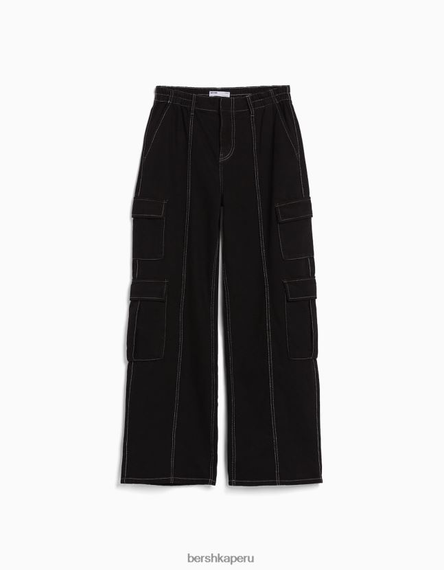 negro Bershka unisexo jeans cargo con pernera ancha y múltiples bolsillos 806J6B4002