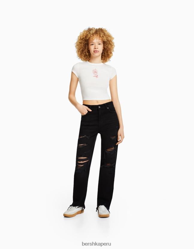 negro Bershka unisexo vaqueros mom capri con rotos y pernera recta 806J6B3963