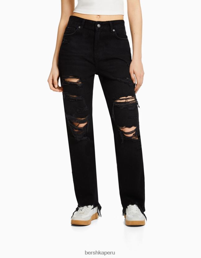 negro Bershka unisexo vaqueros mom capri con rotos y pernera recta 806J6B3963