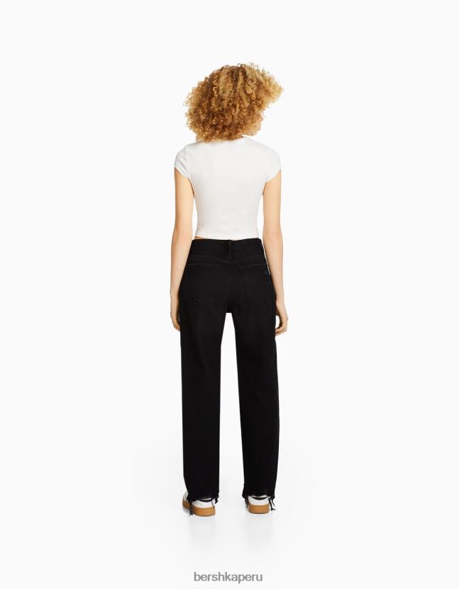 negro Bershka unisexo vaqueros mom capri con rotos y pernera recta 806J6B3963