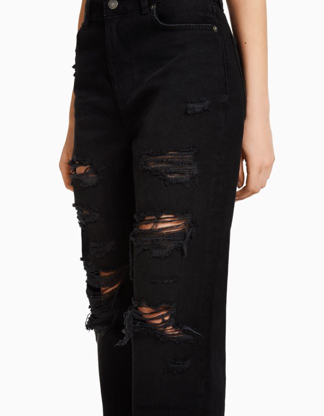 negro Bershka unisexo vaqueros mom capri con rotos y pernera recta 806J6B3963