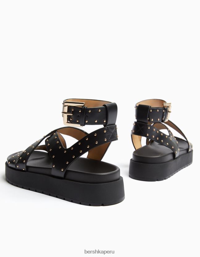 negro Bershka unisexo sandalias planas de plataforma con tachuelas 806J6B4169