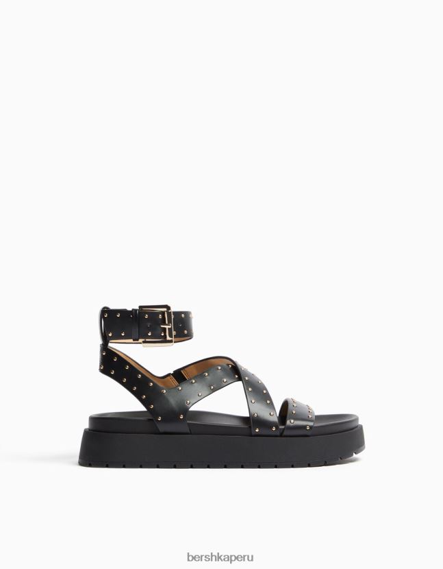 negro Bershka unisexo sandalias planas de plataforma con tachuelas 806J6B4169